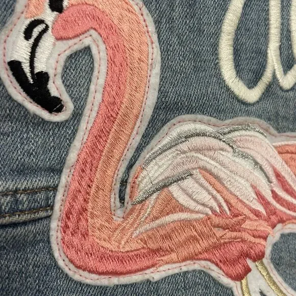 Denim Jean Stretch Jacket Embroidered Flamingo Aloha SZ S/M - Picture 6 of 11